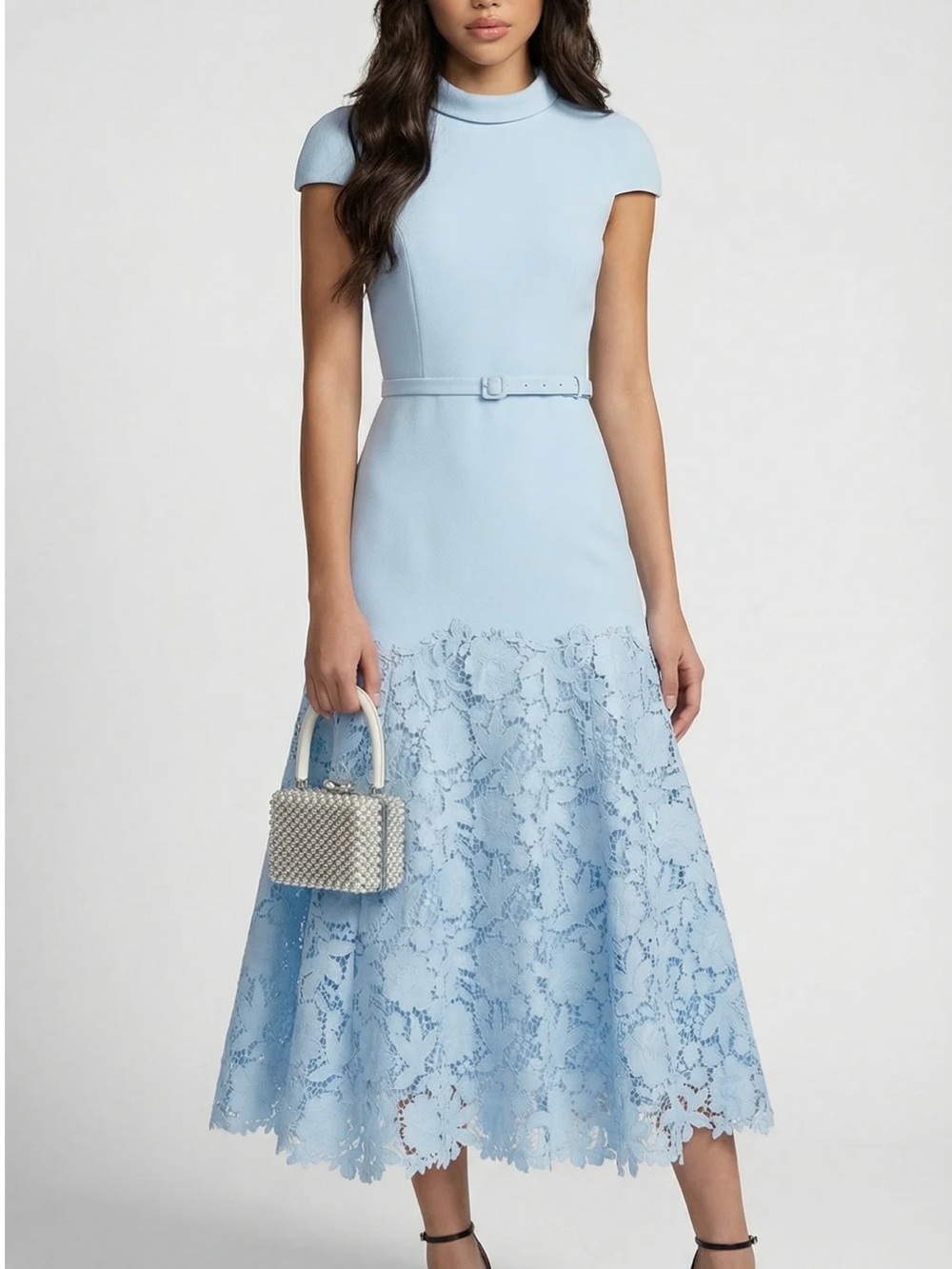 Elegant Light Blue Lace-Hem Midi Dress with Belt